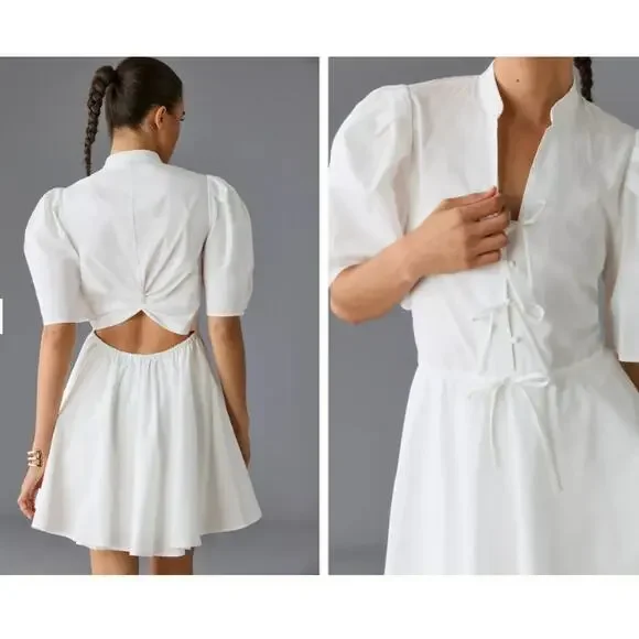 Anthropologie En Saison V-Neck Bow Mini Dress Womens Medium Felice White Regal - Picture 2 of 10